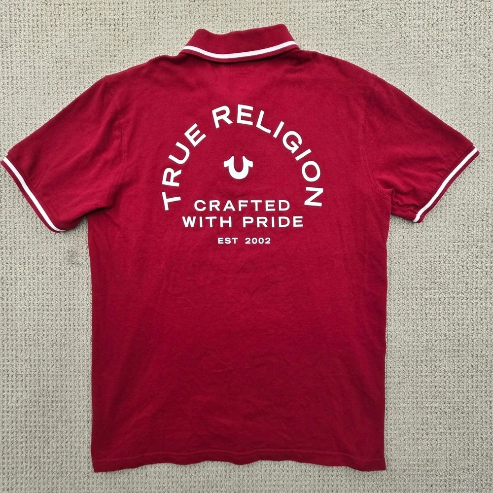 True Religion Red Short Sleeve Polo‎ Shirt Horseshoe Logo Mens Large *READ